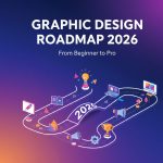 graphic design roadmap for 2026 showing the journey from beginner to professional designer with creative icons.