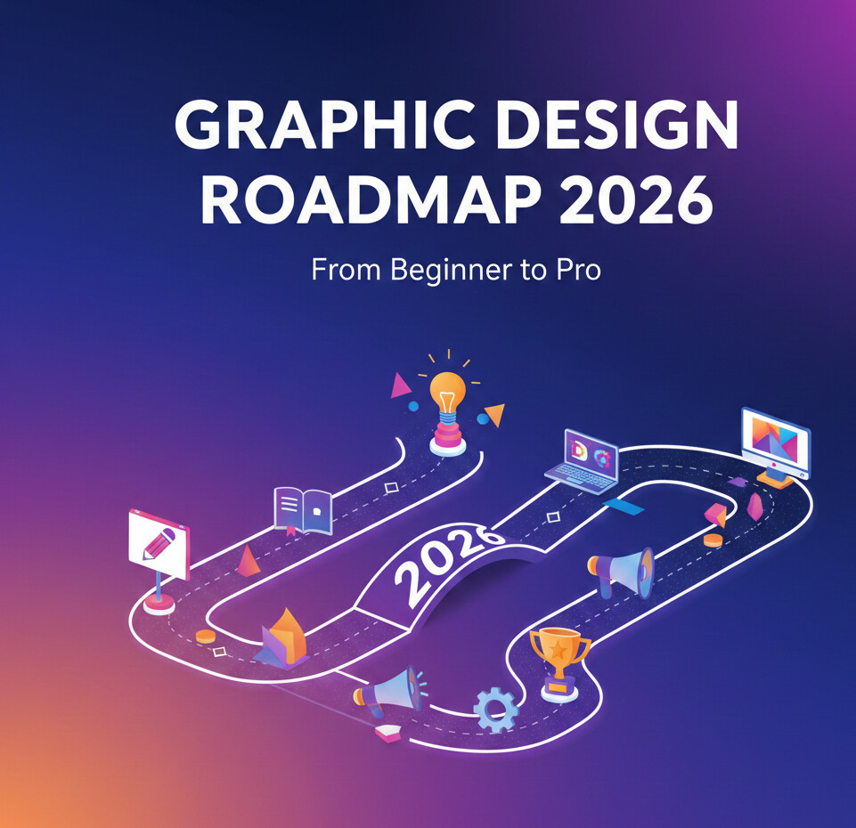 graphic design roadmap for 2026 showing the journey from beginner to professional designer with creative icons.