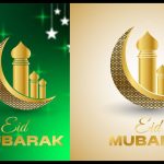 Eid Mubarak Islamic background with mosque silhouette, crescent moon and golden lantern vector design for banner and greeting card